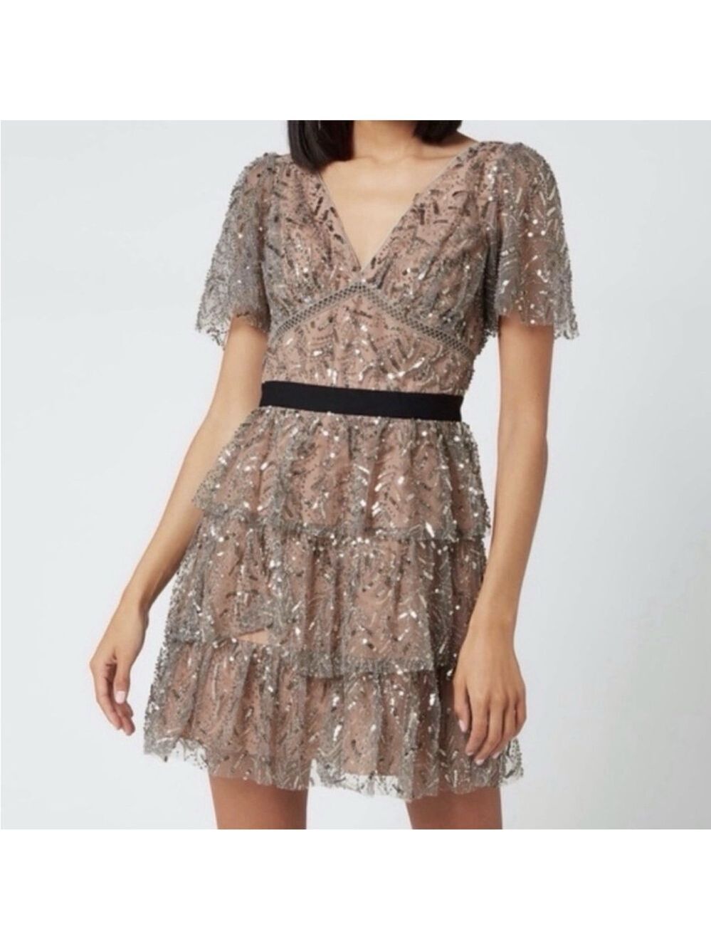 Self Portrait Grey Leaf Sequin Mini Dress Sz. 2 Cocktail Prom Party Sparkle $500